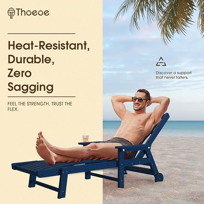 THOEOE Patio Chaise Lounge Chair Set of 4, Oversized Lounge Chair Outdoor with 5 Positions, HDPE, Patio Lounge Chair with Wheels & Cup Holder for Pool, Deck, Poolside,Navy Blue