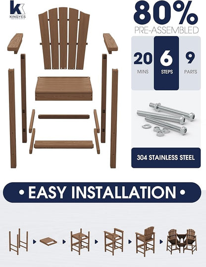 KINGYES Tall Adirondack Chair Set of 2 with 9FT Umbrella, All-Weather HDPE Outdoor Adirondack Barstools with Removable Double Connecting Trays, High Airondack Chair with Wood Grain, Brown