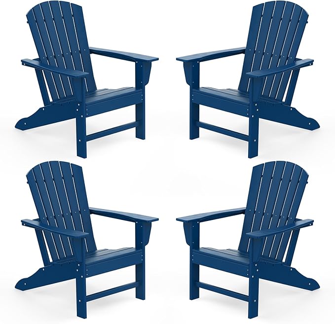 IVY&LANE Adirondack Chairs Set of 4 | HDPE Plastic | Outdoor Fire Pit Chairs | Oversized | All-Weather | Blue | for Outside Deck Backyard Patio Poolside Porch Lawn