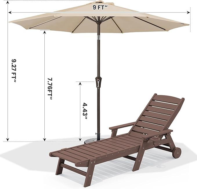 SERWALL Patio Chaise Lounge Chair Set of 2 with 9FT Patio Umbrella, 78'' HDPE Outdoor Lounger - Photo 2