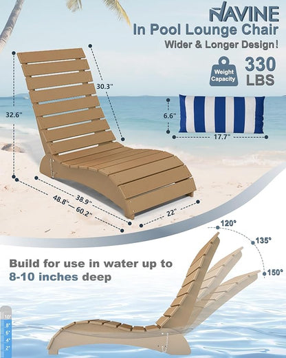 Pool Lounge Chairs, HDPE Adjustable Chaise Chairs with Headrest, Weighted Fade-Resistant Pool Chairs and Lounger for Baja Ledge，Poolside and Deck, Teak