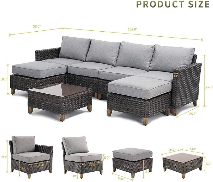 Grand patio Sofa Sets Outdoor Furniture Sets, PE Wicker Patio Furniture Sectional Sofa with Thick Olefin Cushions for Yard Garden Porch(Brown Sofa Set for Six, 7 PCS)