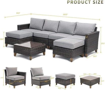 Grand patio Sofa Sets Outdoor Furniture Sets, PE Wicker Patio Furniture Sectional Sofa with Thick Olefin Cushions for Yard Garden Porch(Brown Sofa Set for Six, 7 PCS)