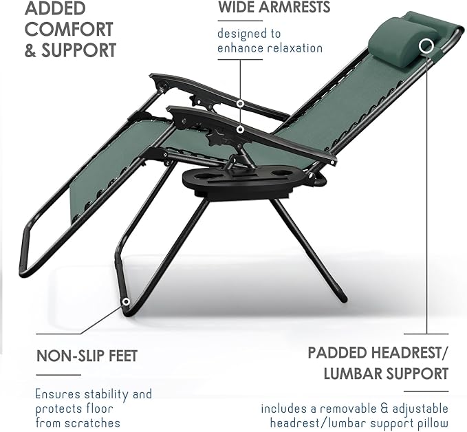 Nestl Zero Gravity Chairs 1 Pk, Portable Patio Lounge Outdoor with Pillows & Cup Holder Trays, Adjustable Steel Lawn Chair for Deck, Beach - Forest Green