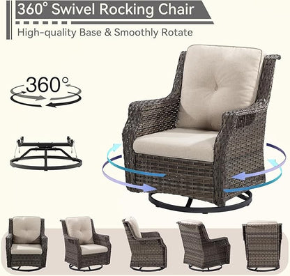 5 Piece Patio Furniture Set, 3-Seater Couch, 2 Swivel Glider Chairs and 2 Side Tables, Outdoors Rattan Conversation Set with Deep Seating and Olefin Cushions, for Backyard, Garden, Beige