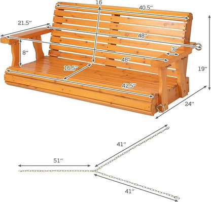 Giantex Wooden Porch Swing 2 Seat - Outdoor Swinging Chairs with Hanging Chains, 600 lbs Weight Capacity, 4 FT Finished Fir Wood Bench Swing for Patio, Outside, Garden, Lawn, Backyard (Orange)