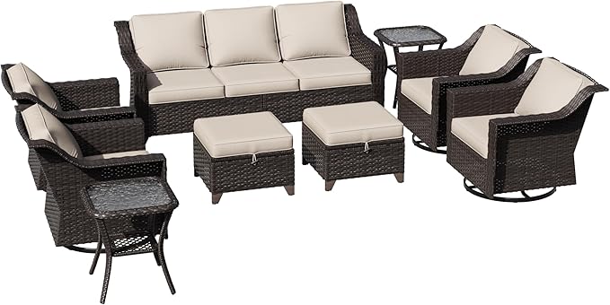 9 Pieces Patio Conversation Furniture Set - 1 Sofa, 2 Ottomans, 4 Swivel Chairs, 2 Side Tables - Photo 8