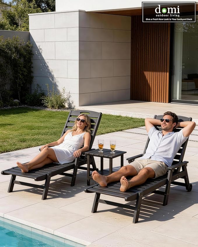 Domi Pool Lounge Chairs Set of 2 with Table, HDPE Outdoor Chaise Lounge Chairs for Outside, Pool Loungers for Poolside, Patio, Sunbathing Tanning, Black