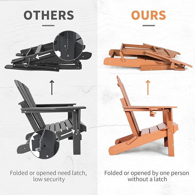 FUNBERRY Folding Adirondack Chairs Set of 2, All Weather HDPE Wood Texture Fire Pit Chairs with Cup Holder for Outdoor