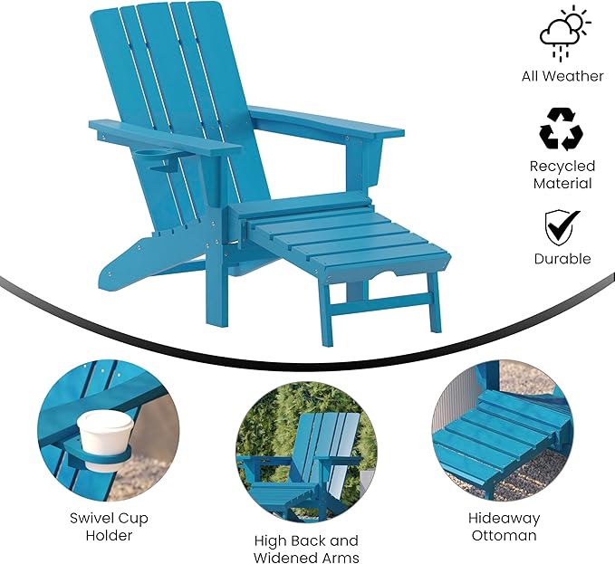 Flash Furniture Halifax Poly Resin Adirondack Chair with Cup Holder and Pull Out Ottoman, All-Weather Poly Resin Indoor/Outdoor Lounge Chair, Blue