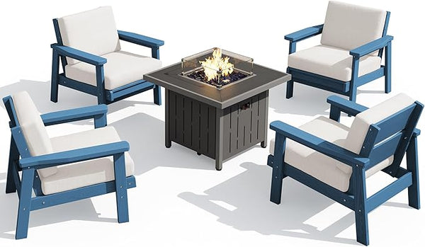 SERWALL Patio Furniture Set with 33” Fire Pit Table, HDPE Outdoor Sectional Sofa Set with Thickened Cushions - Photo 1