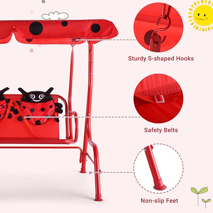 Costzon Kids Porch Swing, All-Weather Patio Swing Bench Hammock w/Adjustable Canopy & Safety Belts for 2 Children - Photo 4