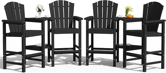 KINGYES Tall Adirondack Chair Set of 4, All Weather HDPE Outdoor Adirondack Bar Stools with Double Connecting Trays, Bar Height Airondack Chair with Wood Grain for Balcony, Deck, Backyard, Black