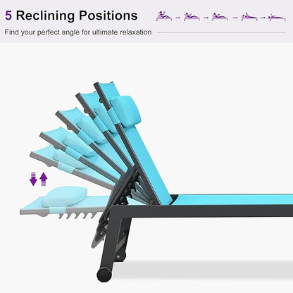 PURPLE LEAF Outdoor Oversized Lounge Chair Set Patio Chaise Pool Lounger Aluminum Frame with 2 Side Table and Wheels for Outside Sunbathing Tanning Recliner Including Pillows Turquoise Blue