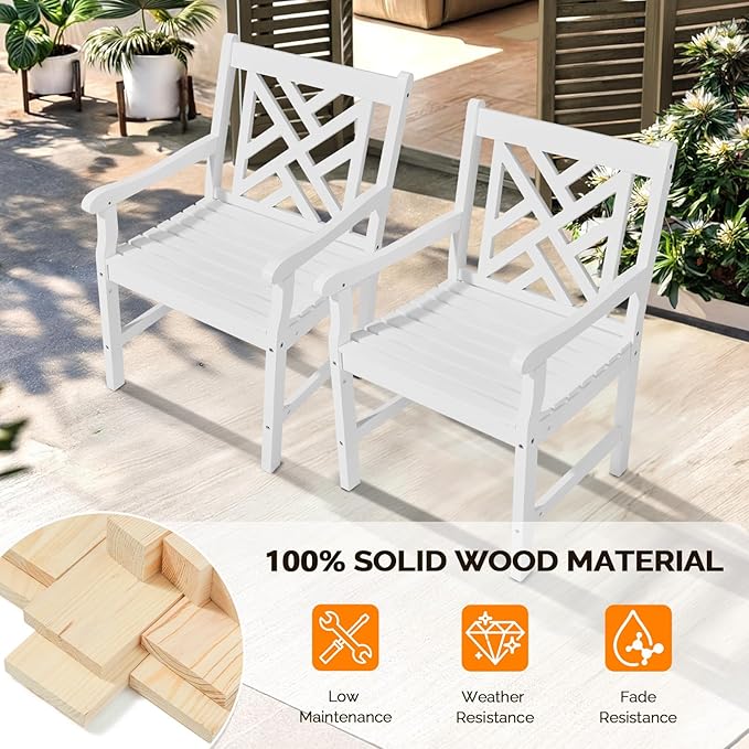 VINGLI Outdoor Dining Chairs Set of 4, Heavy Duty 330 LBS Wooden Patio Chairs with Comfortable Backrest, Solid Wood Patio Dining Chairs Garden Chairs for Yard, Front Porch and Deck (White, 4 PCS)