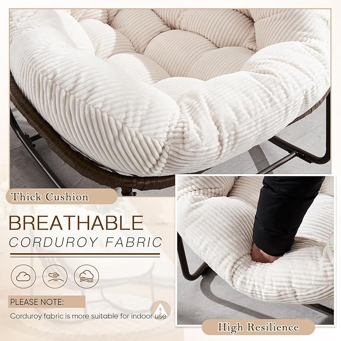 Large Indoor Rocking Chair, Oversized Rocking Papasan Chair with Thick Cushion and Frame,Comfy Corduroy Rocker Wicker Egg Chairs Lounge Reading Chair for Living Room, Bedroom, Apartment, White