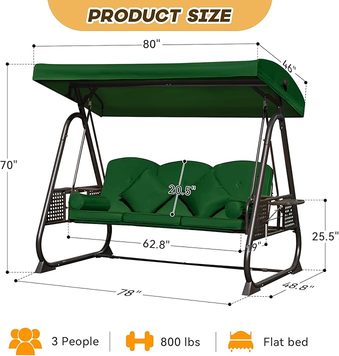 3 in 1 Outdoor Porch Swing with Adjustable Canopy, 3 Seat Outdoor Swing for Adults - Photo 8