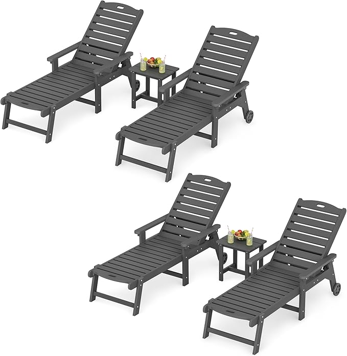LUE BONA Outdoor Lounge Chair Set with Table, 6-Piece, HDPS Chaise Lounge Outdoor with Wheels, 5 Positions Adjustable Pool Lounger Chairs for Outside, Patio, Dark Gray
