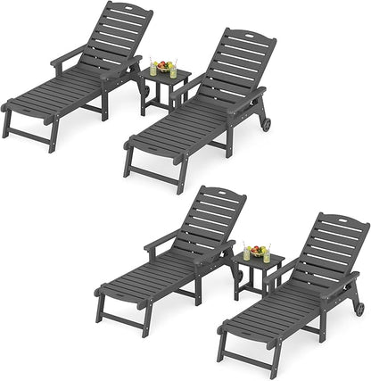 LUE BONA Outdoor Lounge Chair Set with Table, 6-Piece, HDPS Chaise Lounge Outdoor with Wheels, 5 Positions Adjustable Pool Lounger Chairs for Outside, Patio, Dark Gray