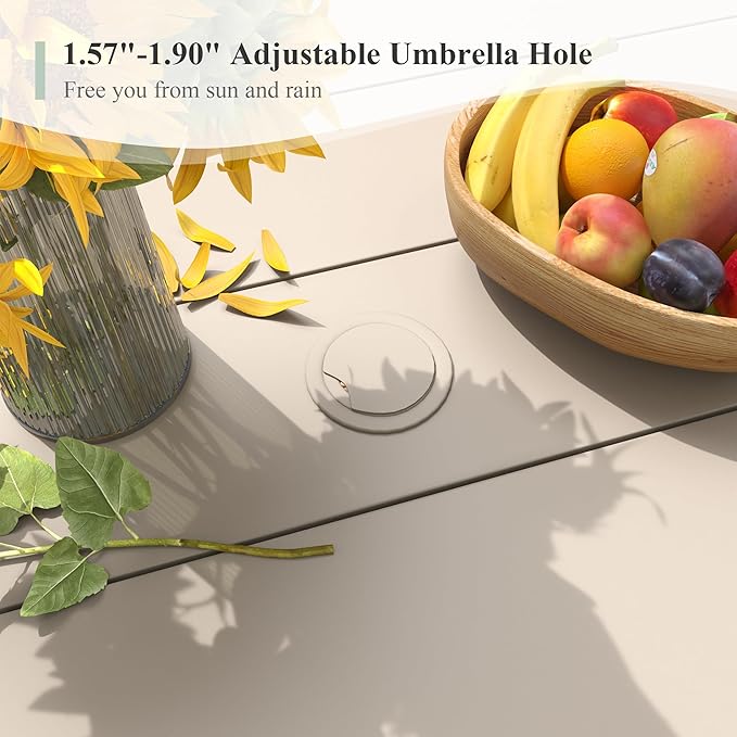47.2" Patio Dining Table for 6, Round Outdoor Metal Dining Table with Umbrella Hole for Lawn Garden Backyard, Sandshell - Photo 3