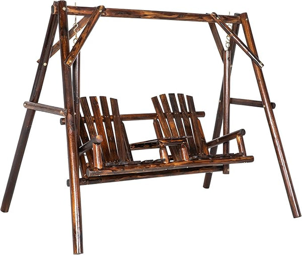 Outsunny Wooden Porch Swing with Stand, 2-Seat Patio Swing Chair with Center Table, for Garden, Poolside, Backyard - Photo 1