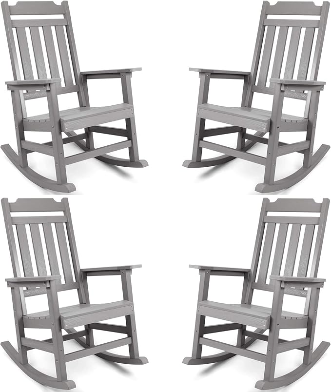 Rocking Chairs Set of 4, All Weather Resistant Poly Lumber Outdoor Porch Rocker, Rocking Chairs for Outdoor, Indoor, Patio, Deck, Garden, Backyard, Load Bearing 380 lbs - Grey