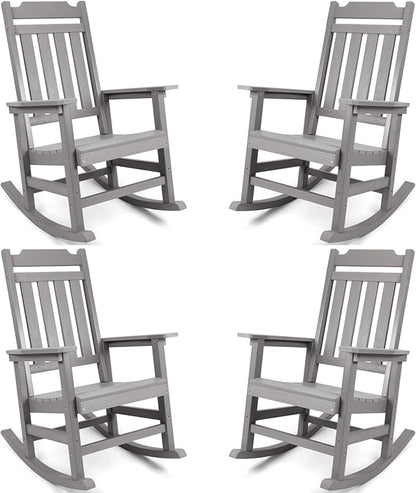 Rocking Chairs Set of 4, All Weather Resistant Poly Lumber Outdoor Porch Rocker, Rocking Chairs for Outdoor, Indoor, Patio, Deck, Garden, Backyard, Load Bearing 380 lbs - Grey