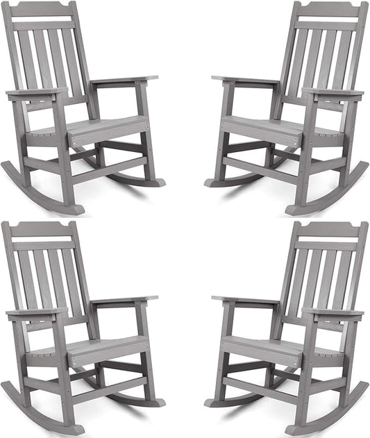 Rocking Chairs Set of 4, All Weather Resistant Poly Lumber Outdoor Porch Rocker, Rocking Chairs for Outdoor, Indoor, Patio, Deck, Garden, Backyard, Load Bearing 380 lbs - Grey