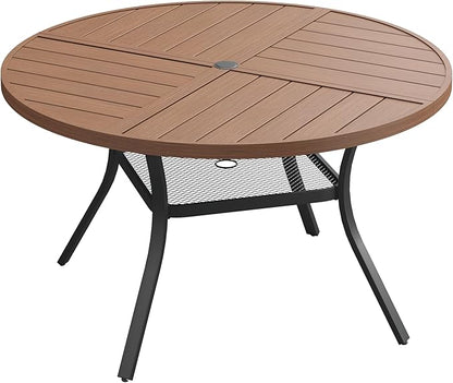 VICLLAX 47.2" Round Patio Dining Table for 4-6, All Weather Metal Outdoor Table with 1.57" Umbrella Hole and Storage Shelf for Garden Lawn Deck, Walnut