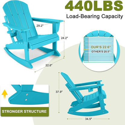 Outdoor Rocking Chairs Set of 4, HDPE Poly All-Weather Patio Rocking Chairs with Cup Holder for Adults, Porch Rocker for Deck Patio Balcony, 440lbs, Turquoise