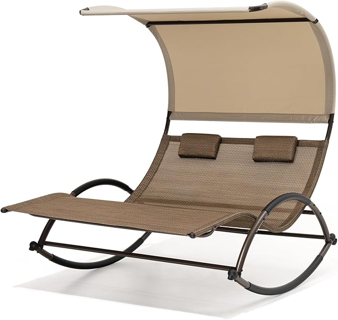 Crestlive Products Outdoor Double Chaise Lounge Chair with Canopy & Wheels, 2 Person Patio Rocking Lounge Chair with Sun Shade & Headrests for Garden, Backyard, Poolside (Brown)