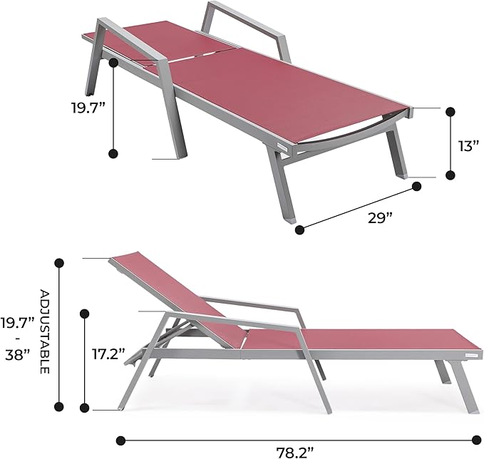LeisureMod Marlin Patio Chaise Lounge Chair, Adjustable Outdoor Grey Aluminum Lounge with Breathable Mesh Sling Back, Lightweight Poolside Reclining Sun Lounger Weather & UV Resistant (Burgundy)