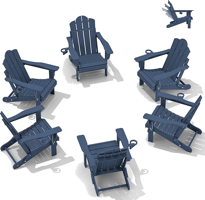 KINGYES Adjustable Folding Adirondack Chair Set of 6, 3-Position Reclining Adirondack Chairs with Cup Holder, HDPE All-Weather Oversized Adirondack for Outdoor, Patio, Backyard Deck, Fire Pit, Blue