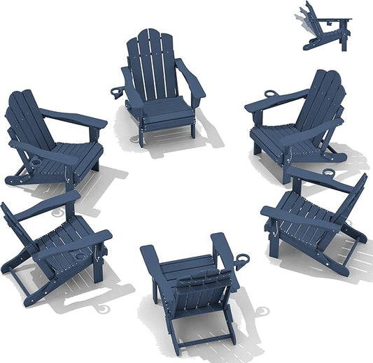 KINGYES Adjustable Folding Adirondack Chair Set of 6, 3-Position Reclining Adirondack Chairs with Cup Holder, HDPE All-Weather Oversized Adirondack for Outdoor, Patio, Backyard Deck, Fire Pit, Blue
