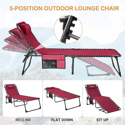 KingCamp Lounge Chair Outdoor, Folding Portable Tanning Chairs Comfy Adjustable 5-Position Lay Flat Foldable Chaise Chaser Lounger with Pillow for Outside Beach Patio Sun Bathing Backyard Pool, Wine