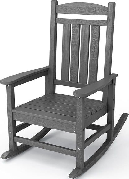 KINGYES Outdoor Rocking Chairs, HDPE All-Weather Patio Rocking Chairs High Back Porch Rocker for Adult, Gray