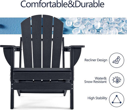 Folding Adirondack Chair, HDPE Outdoor Texture Lawn Chair with Reclining Back, Cup and Phone Holder - Comfortable Firepit Chair Weather Resistant for Patio or Backyard (Dark Black, Set of 2)