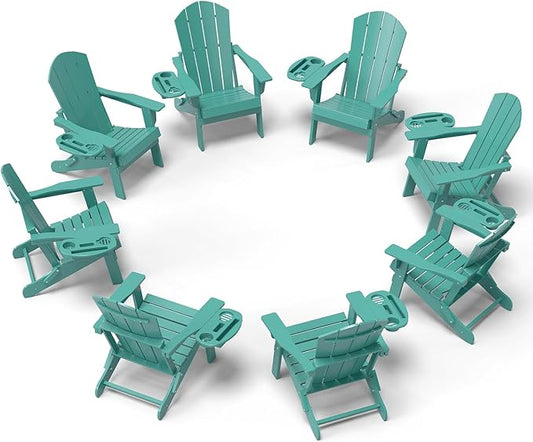 Adirondack Chair Set of 8, HDPE Folding Adirondack Chair with Multifunctional Cup Holder, Weather Resistant Fire Pit Chair for porches, patios, poolsides, Decks.