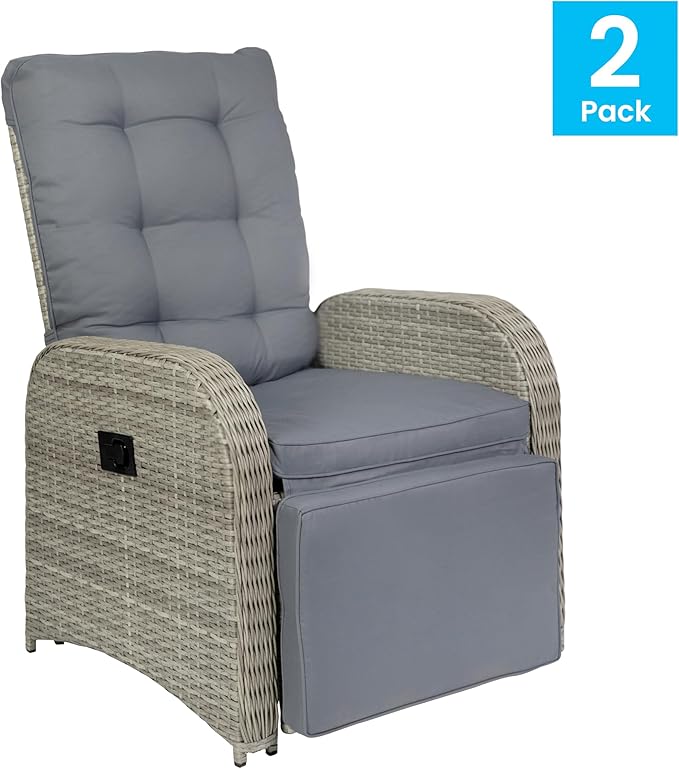 Flash Furniture Nemo Indoor/Outdoor Patio Wicker Rattan Recliner, Lounge Chair with Flip-Up Side Table, Set of 2, Gray
