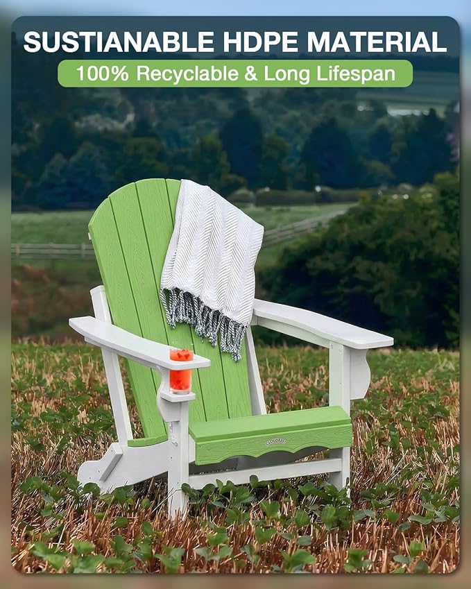 Folding Adirondack Chair –Recyclable HDPE Outdoor Adirondack Patio Chair with Cup Holder, Wood Texture & Umbrella Hole - Photo 3