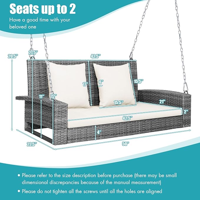 RELAX4LIFE 2-Person Porch Swing Bench - PE Rattan Outdoor Swing Chair with Comfortable Seat & Back Cushions - Photo 3