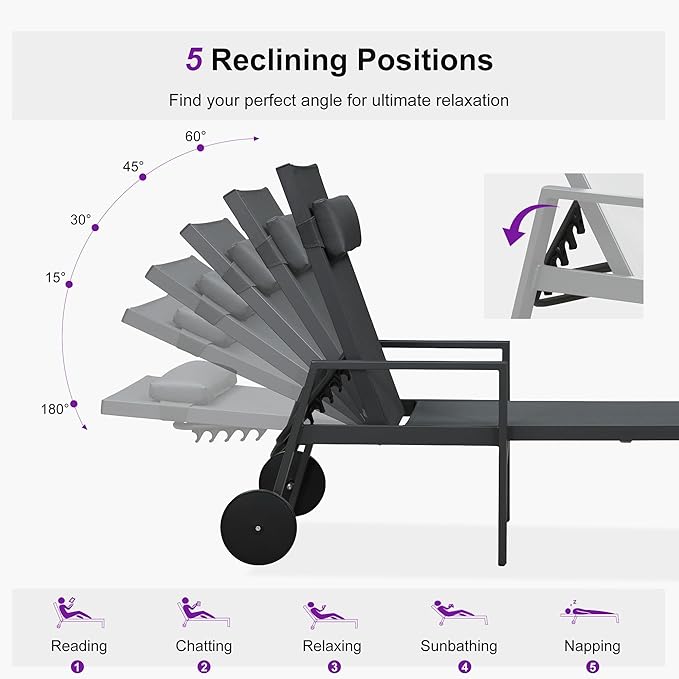PURPLE LEAF Patio Lounge Chair Set of 3 Outdoor Chaise Lounger Aluminum Frame with Armrest Side Table and Wheels for Pool Outside Sunbathing Tanning Recliner Including Pillows Gray