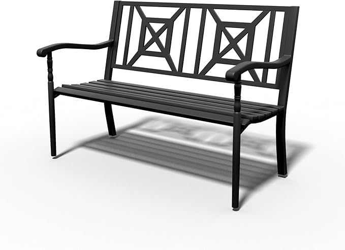 YLGJ&TIDY 50 Inches Patio Bench Outdoor Metal Bench with Pattern Backrest Armrest Rust-Resistant Outdoor Porch Benches for Garden Park Lawn Yard Front Porch, Pack of 2 (BENCH05 2PK)