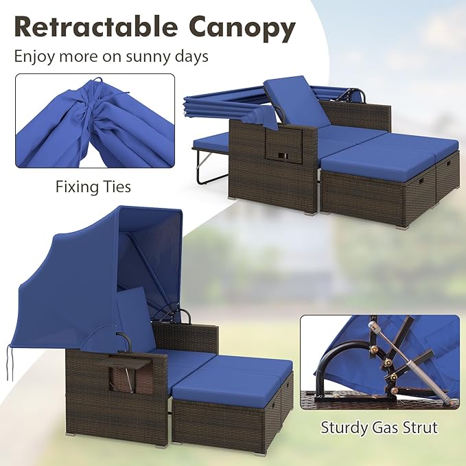 RELAX4LIFE Wicker Outdoor Daybed with Canopy - Rattan Loveseat Sofa Set w/Storage Ottomans, Adjustable Back, Retractable Trays, Sunbed Double Chaise Lounge for Backyard, 2-Seater Patio Daybed (Navy)