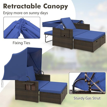 RELAX4LIFE Wicker Outdoor Daybed with Canopy - Rattan Loveseat Sofa Set w/Storage Ottomans, Adjustable Back, Retractable Trays, Sunbed Double Chaise Lounge for Backyard, 2-Seater Patio Daybed (Navy)