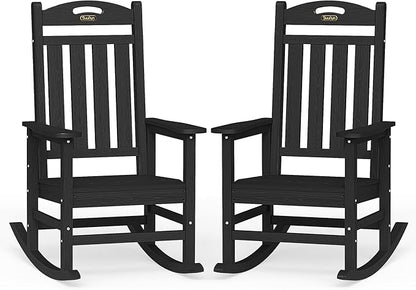 Oversized Outdoor Rocking Chairs Set of 2, High Back Porch Rocking Chair, HDPE All Weather Resistant Rocking Chairs for Patio, 380lbs Weight Capacity, Black