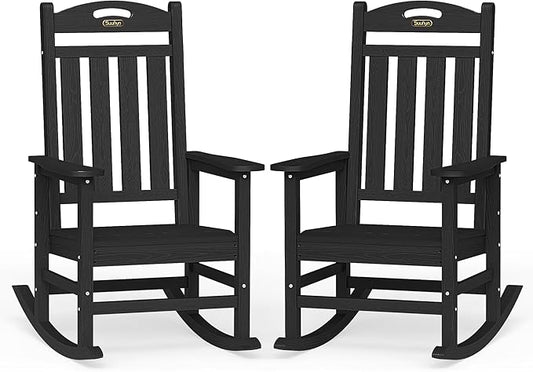 Oversized Outdoor Rocking Chairs Set of 2, High Back Porch Rocking Chair, HDPE All Weather Resistant Rocking Chairs for Patio, 380lbs Weight Capacity, Black