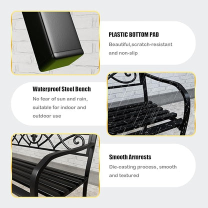 Metal Bench Patio Bench, Outdoor Benches Weatherproof with Floral Backrest, Wrought Iron Garden Benches for Outdoors, Patio, Garden, Park, 2 Pack