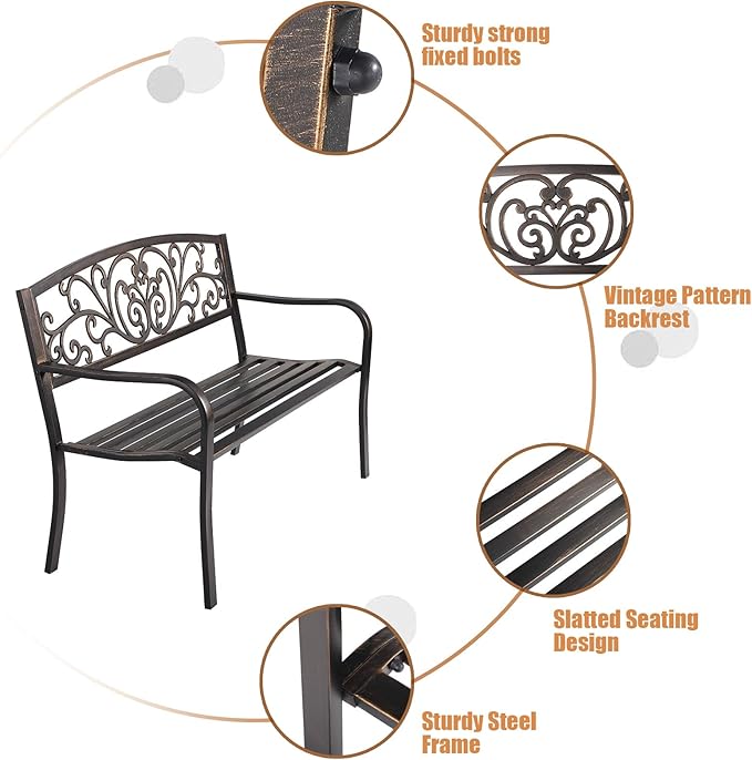 Patio Garden Bench Outdoor Metal Bench Park Yard Furniture Cast Iron Loveseats with Armrests for Porch Backyard Lawn Deck