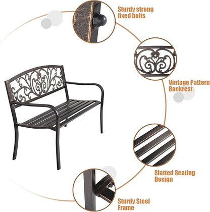Patio Garden Bench Outdoor Metal Bench Park Yard Furniture Cast Iron Loveseats with Armrests for Porch Backyard Lawn Deck